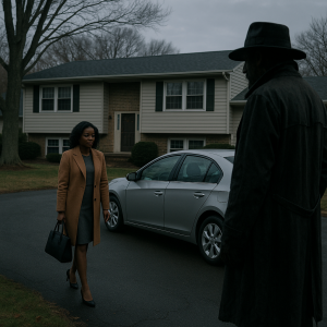Laura meeting the stranger in front of her home.